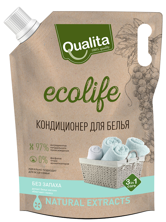Qualita ecolife кондиционер для белья без запаха дой пак 1300 мл