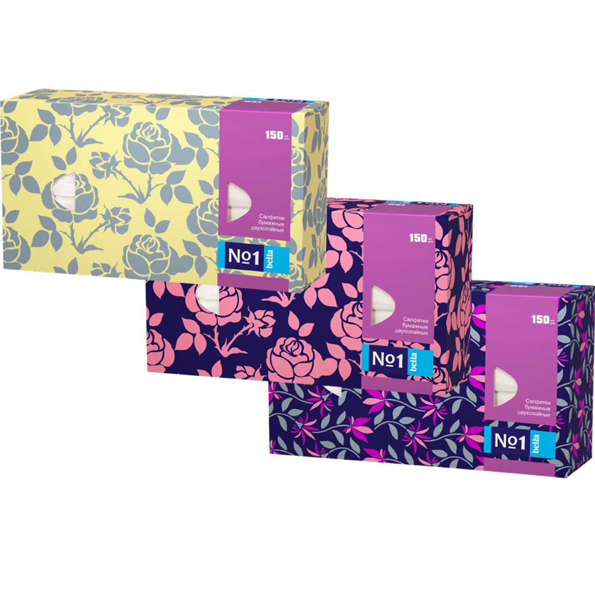 BELLA Салфетки универсальные bella №1 двухслойные (микс, 3 дизайна), 150 шт.уп. (Сибирь)