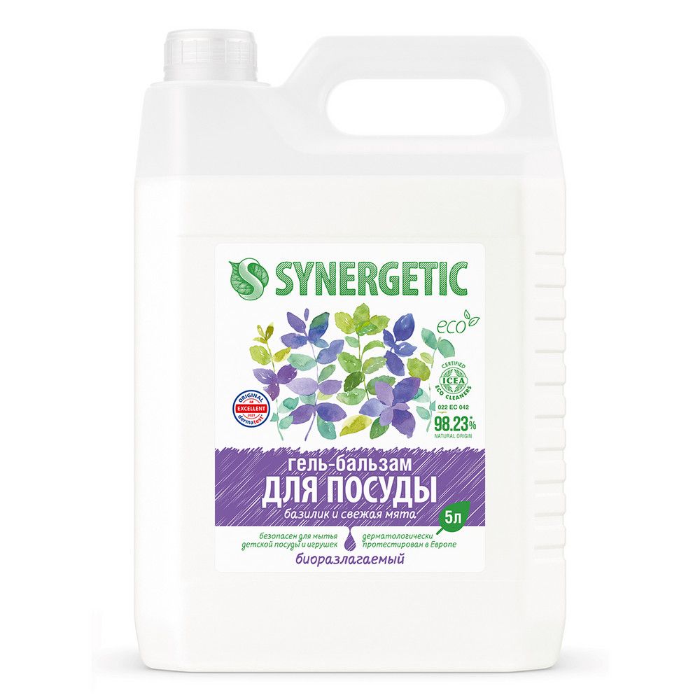 Synergetic биоразлагаемый гель бальзам для мытья посуды и детских игрушек базилик и свежая мята 5 л