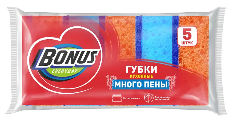 BONUS крупнопористые губки для мытья посуды много пены 5 шт
