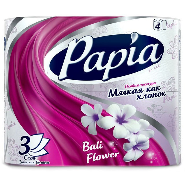 Туалетная бумага  PAPIA белая с ароматом Bali Flower и рисунком трёхслойная, 4 шт