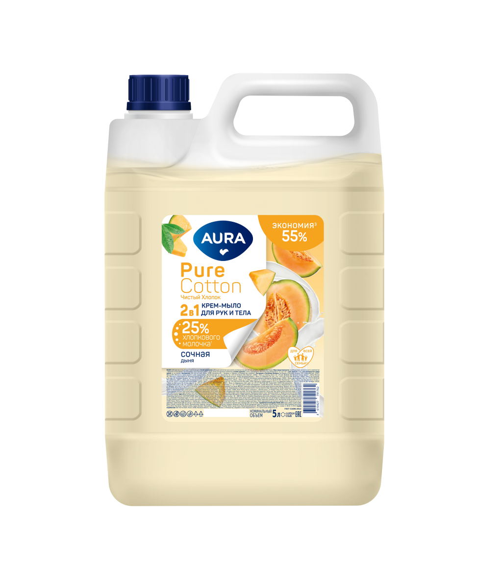 Aura крем мыло 2 в1 для рук и тела сочная дыня канистра 5000 мл
