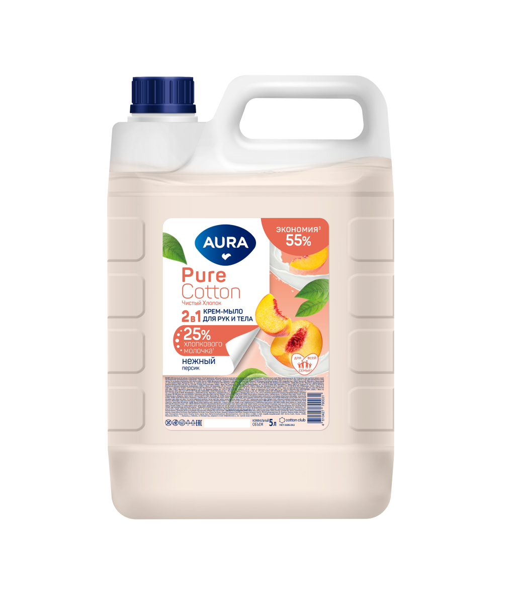Aura pure cotton крем мыло 2 в1 для рук и тела нежный персик канистра 5000 мл