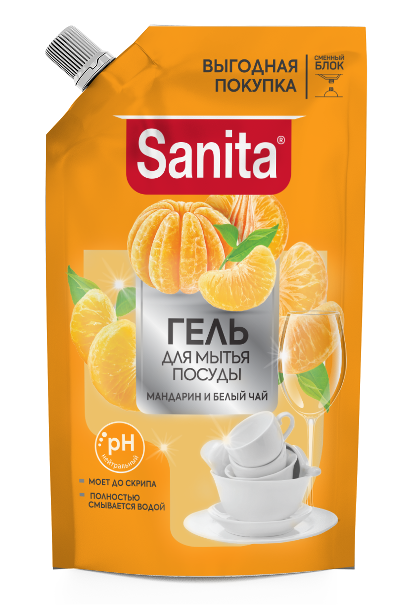 Sanita гель для мытья посуды мандарин и белый чай 900 г дой пак
