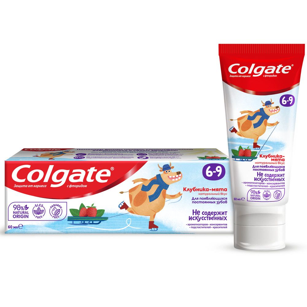 Colgate зубная паста детская  6-9 защита от кариеса с фторидом для детей от 6 до 9 лет со вкусом клубники и мяты 60 мл