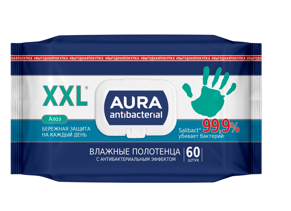 Aura влажные полотенца антибактериальные big pack с крышкой 60 шт