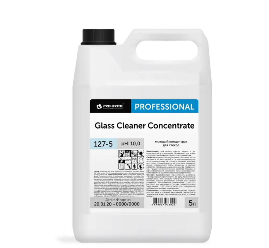 Pro-Brite/GLASS CLEANER Concentrate Профхим д/стекл-зеркал поверхн,конц. 5 л (годен до 09.03.2029)