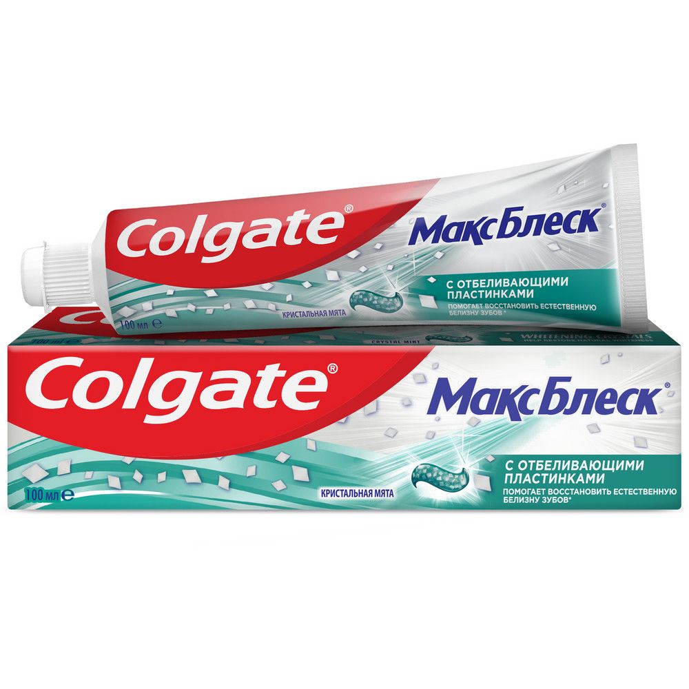 Colgate зубная паста макс блеск кристальная мята с отбеливающими пластинками для свежего дыхания и отбеливания зубов 100 мл