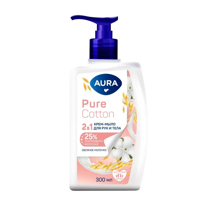 Aura Pure cotton крем мыло 2 в1 для рук и тела хлопок и овсяное молоко флакон дозатор 300 мл