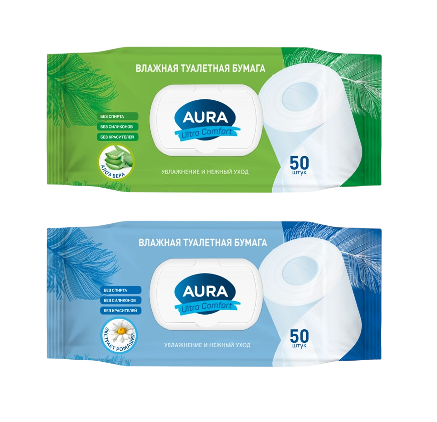 Aura влажная туалетная бумага ultra comfort с крышкой 50 шт