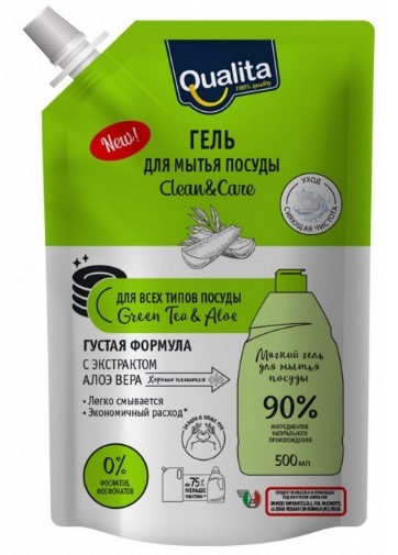 Qualita средство для мытья посуды green tea aloe дой пак 500мл