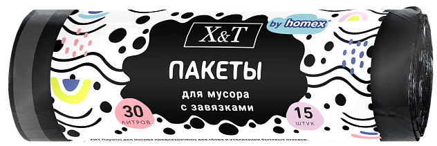 HOMEX X&T пакеты для мусора 30л 15шт с завязками overlap