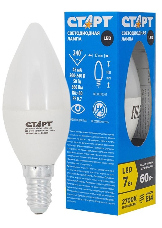 Лампа старт eco ledcandleE14 7W 30 теплый