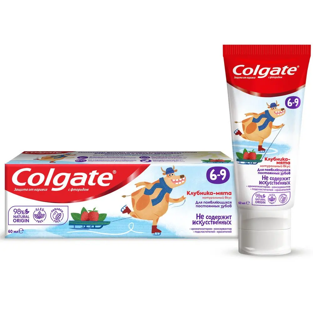 Colgate зубная паста детская 6-9 защита от кариеса с фторидом для детей от 6 до 9 лет со вкусом клубники и мяты 60 мл