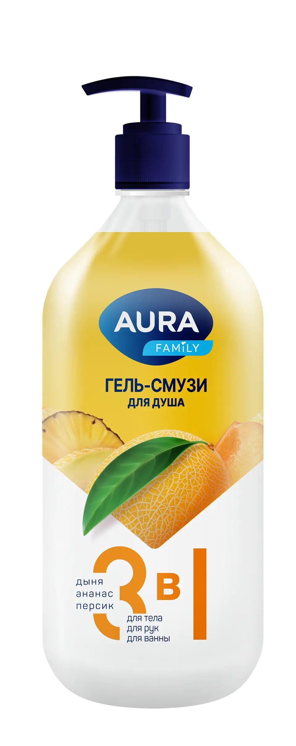 Aura гель смузи для душа 3 в1 дыня ананас персик флакон дозатор 1000 мл