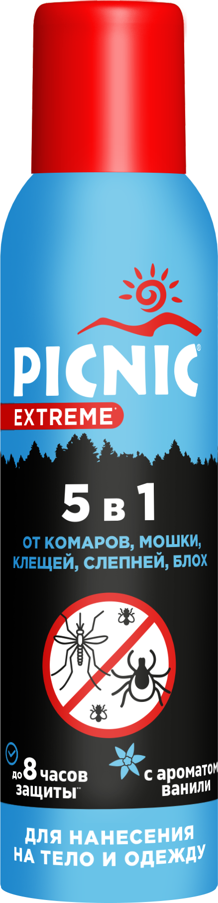 Picnic extreme аэрозоль 5 в 1 от комаров мошек клещей слепней блох 150 мл