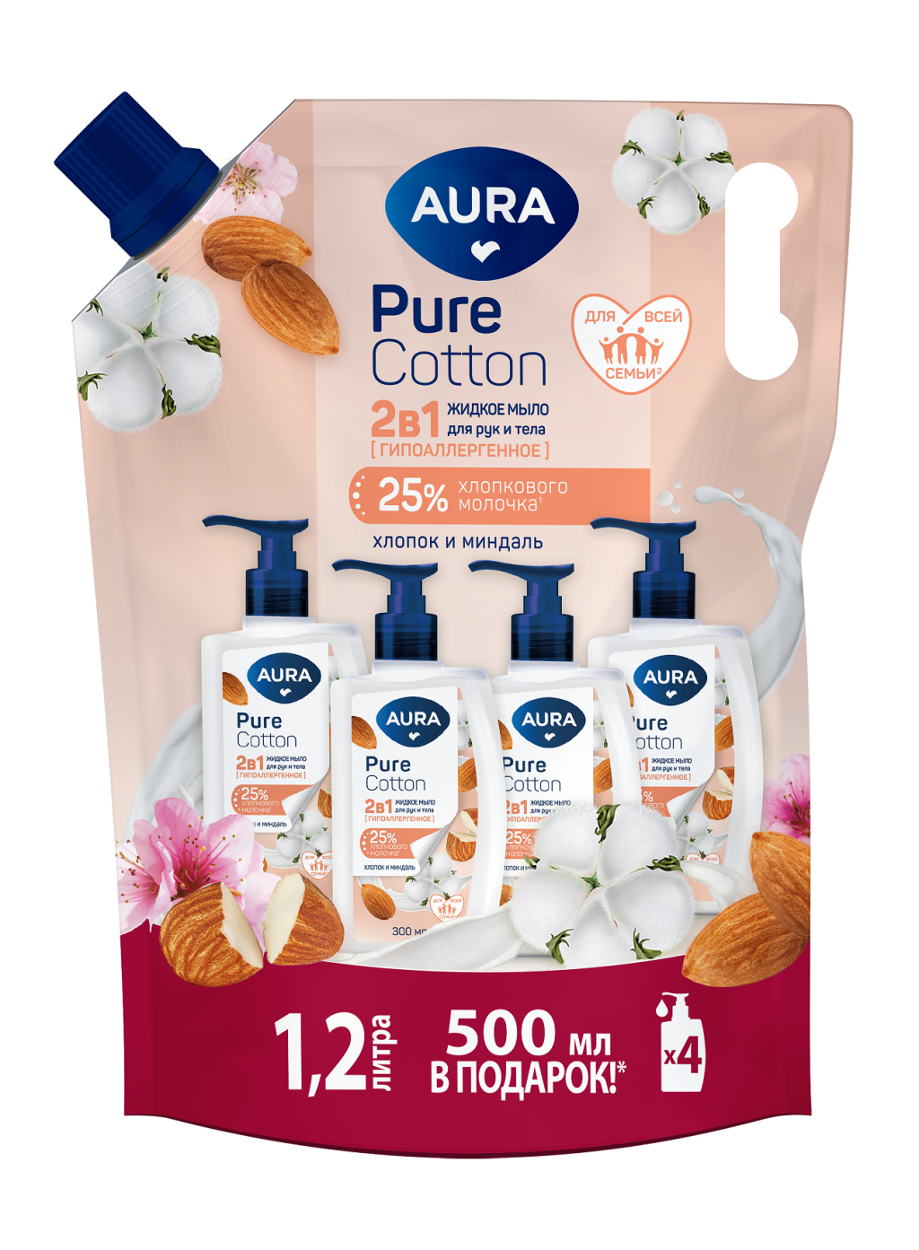 Aura pure cotton жидкое мыло 2 в1 для рук и тела миндаль и хлопковое молочко дой пак 1200 мл