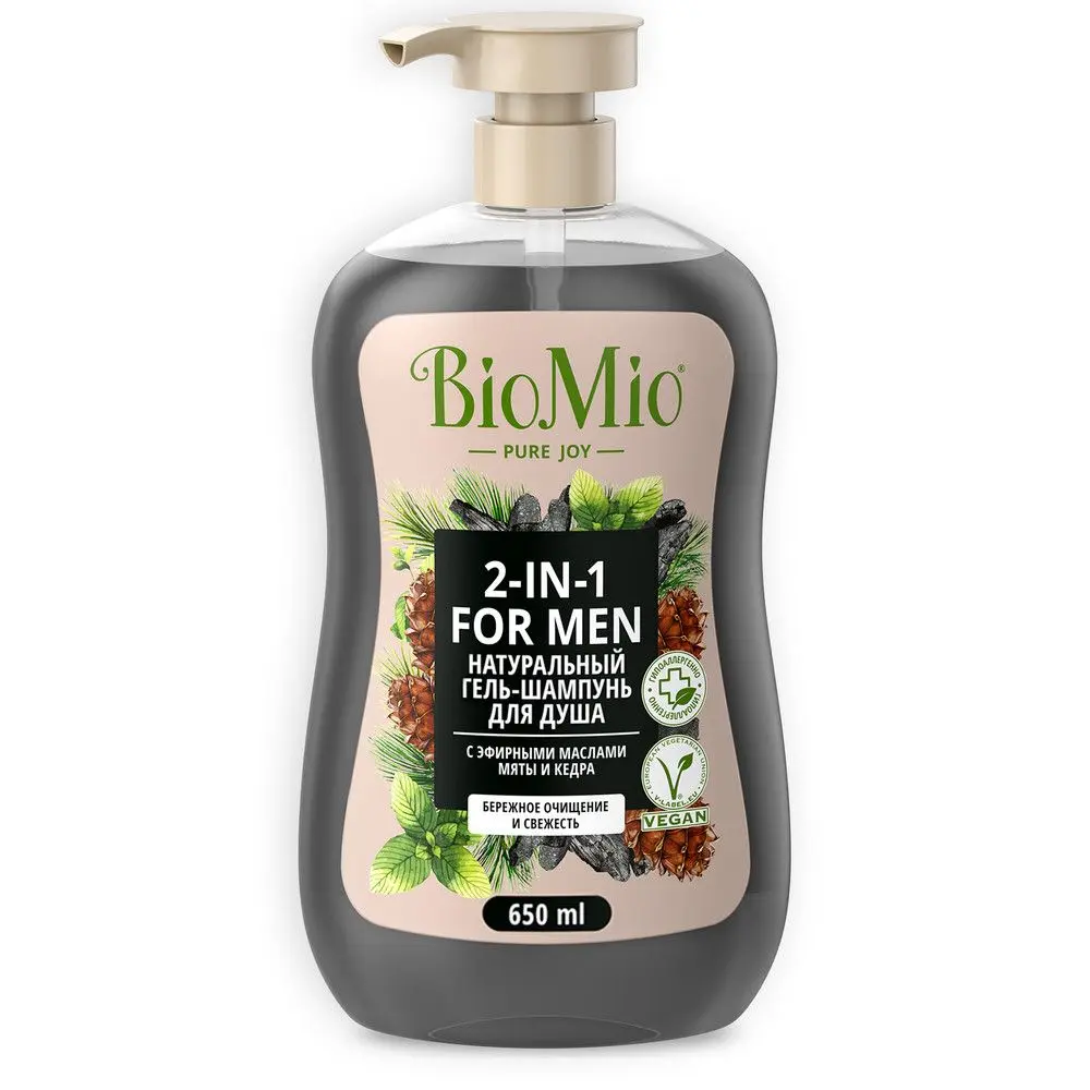 BioMio Bio body hair мята и кедр гель шампунь мужской для душа 650 мл экспортный вариант