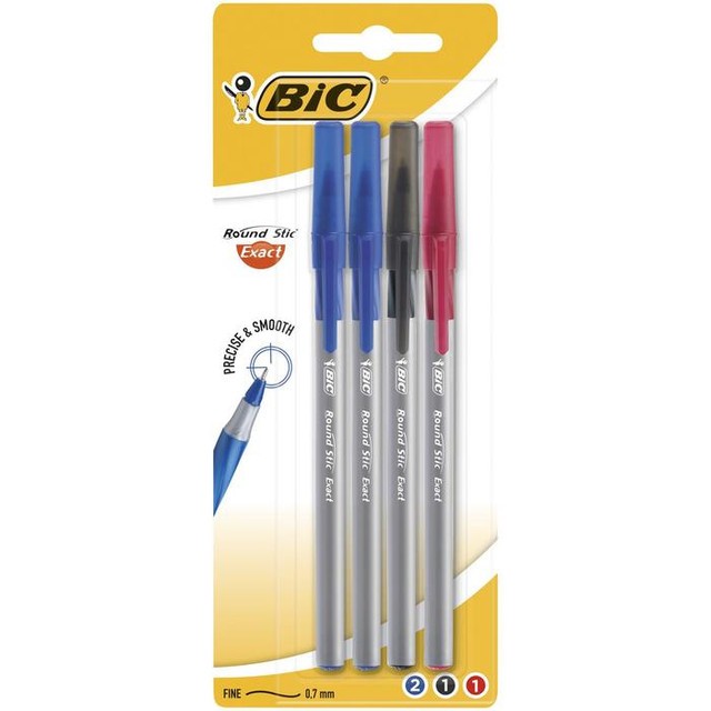 BIC Ручка Раунд Стик Экзакт, тонкая линия, разноцвет.(пак. 4шт)