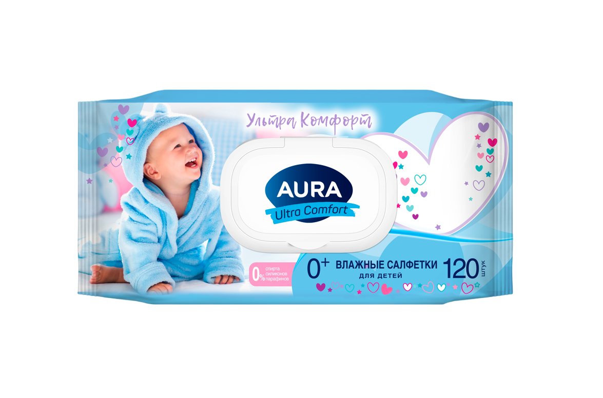 Aura ultra comfort влажные салфетки для детей с алоэ и витамином е 120 шт с крышкой