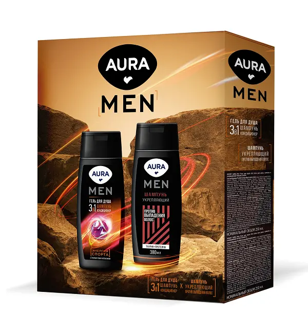 Подарочный набор aura men гель для душа энергия спорта 250 мл шампунь для волос укрепляющий 250 мл