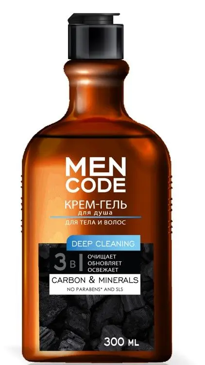Men Code крем гель для душа с экстрактами угля и минералов флакон флиптоп 300 мл