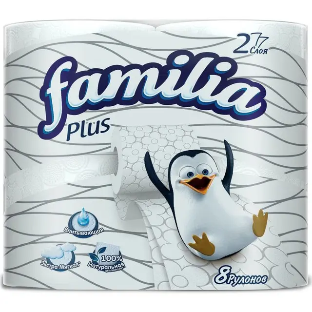 Туалетная бумага Familia Plus белая двухслойная, 8 шт