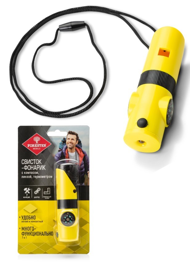 FORESTER Свисток-фонарик с компасом, линзой, термометром, зеркалом и отсеком для хранения таб