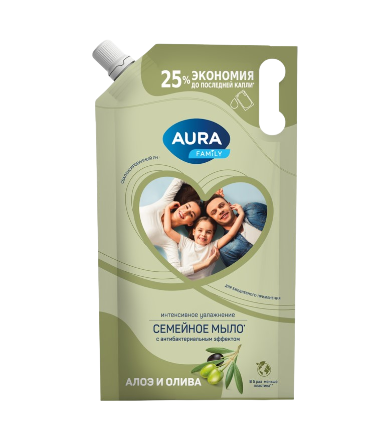 Aura family жидкое мыло с антибактериальным эффектом олива и сок алоэ дой пак 1000 мл
