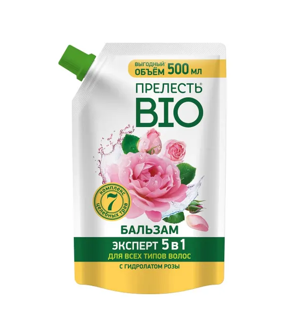 Прелесть био бальзам с гидролатом розы 5 в1 для поврежденных и секущихся волос 500 мл дой пак