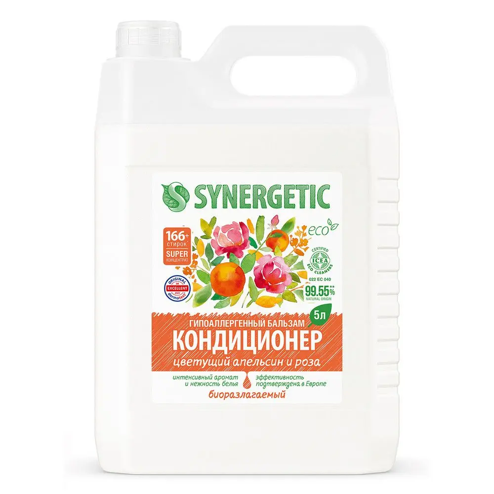 Synergetic биоразлагаемый концентрированный гипоаллергенный бальзам кондиционер для белья цветущий апельсин и роза 5 л