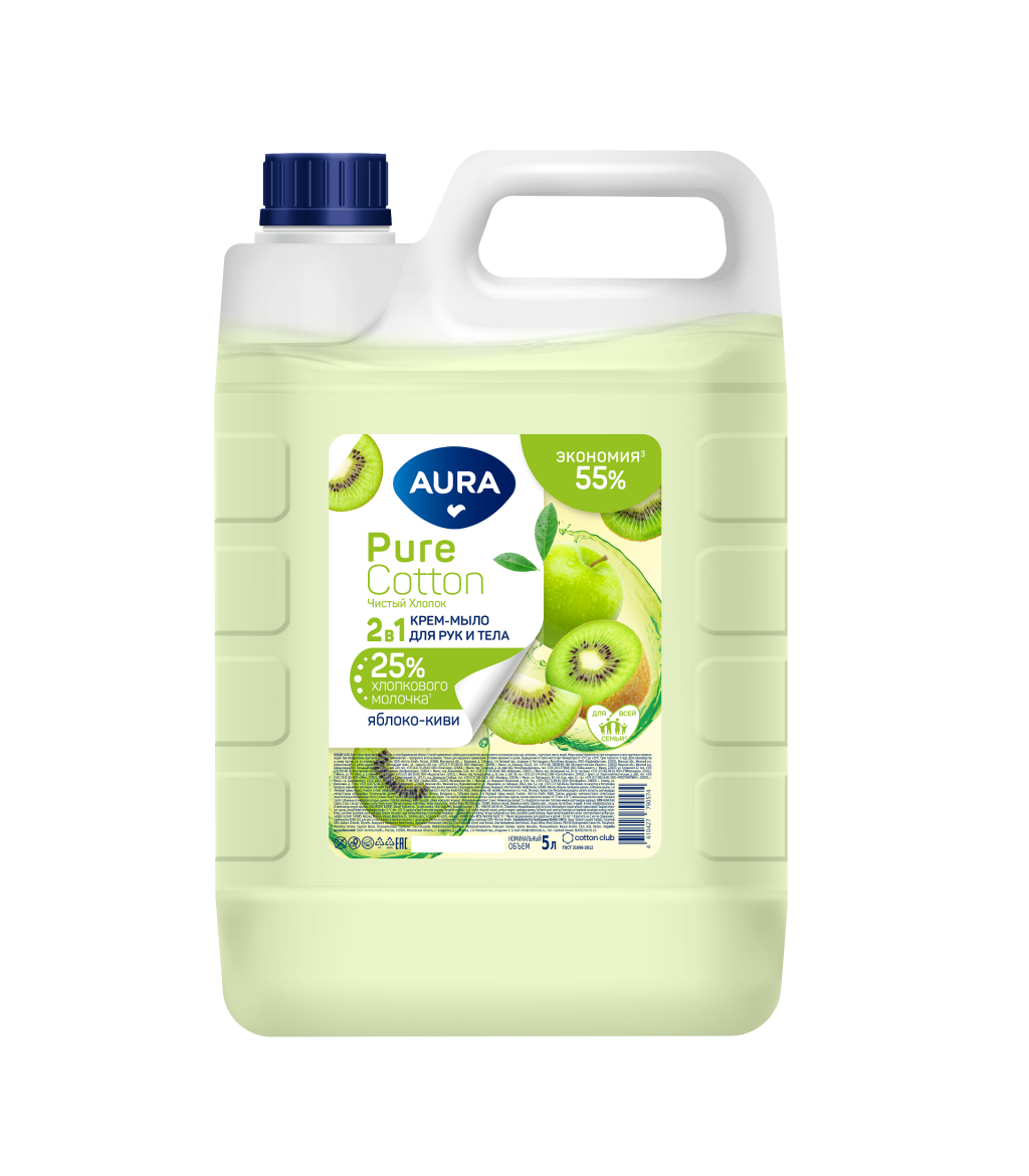 Aura крем мыло 2 в1 для рук и тела яблоко киви канистра 5000 мл