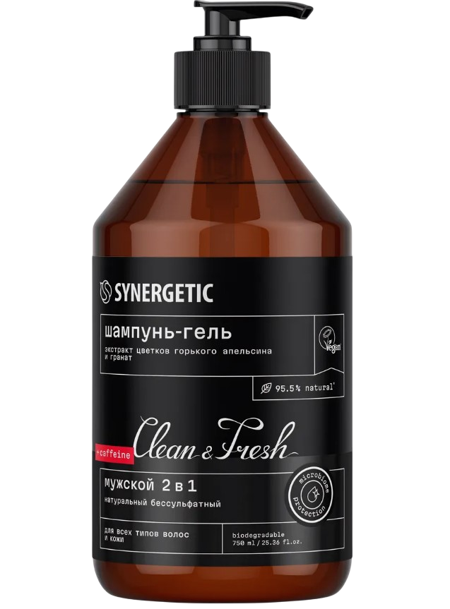 Synergetic натуральный бессульфатный шампунь гель для душа мужской 2 в 1 750 мл
