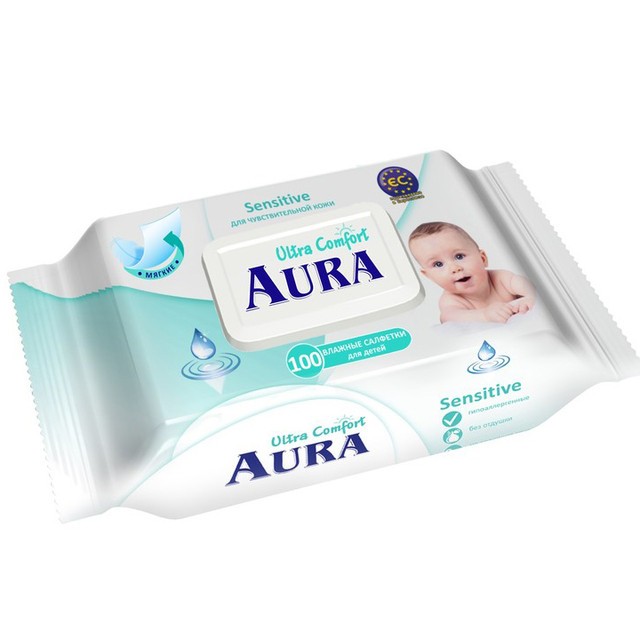 AURA Ultra Comfort Влажные салфетки для детей с АЛОЭ и ВИТАМИНОМ Е,100шт с крышкой