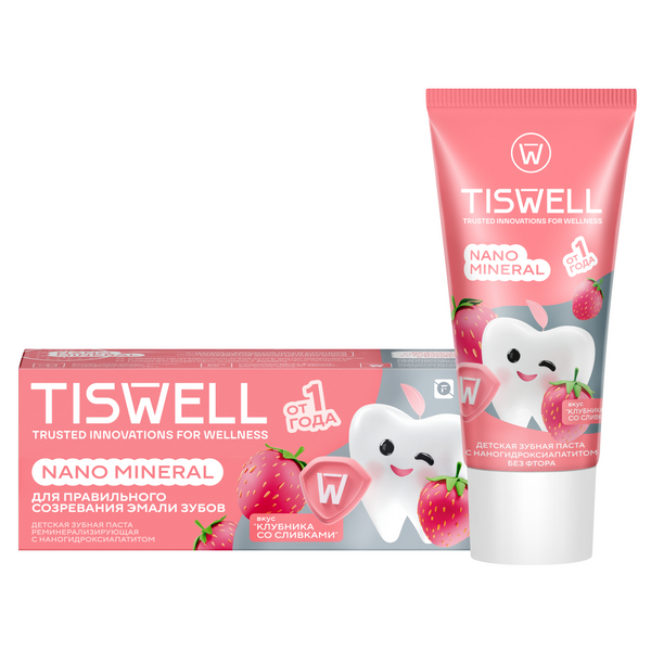 Tiswell зубная паста детская реминерализующая с наногидроксиапатитом без фтора клубника со сливками от кариеса 1+ 60 гр
