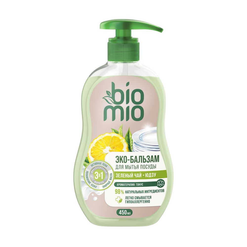 BioMio бальзам для мытья взрослой и детской посуды с экстрактом хлопка и ионами серебра зеленый чай и юдзу 450 мл