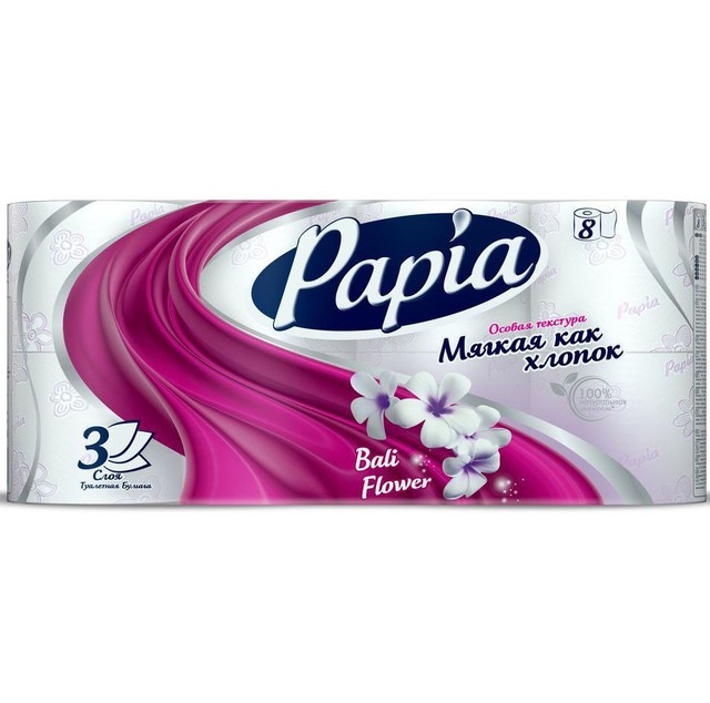 Туалетная бумага  PAPIA белая с ароматом Bali Flower и рисунком трёхслойная, 8 шт