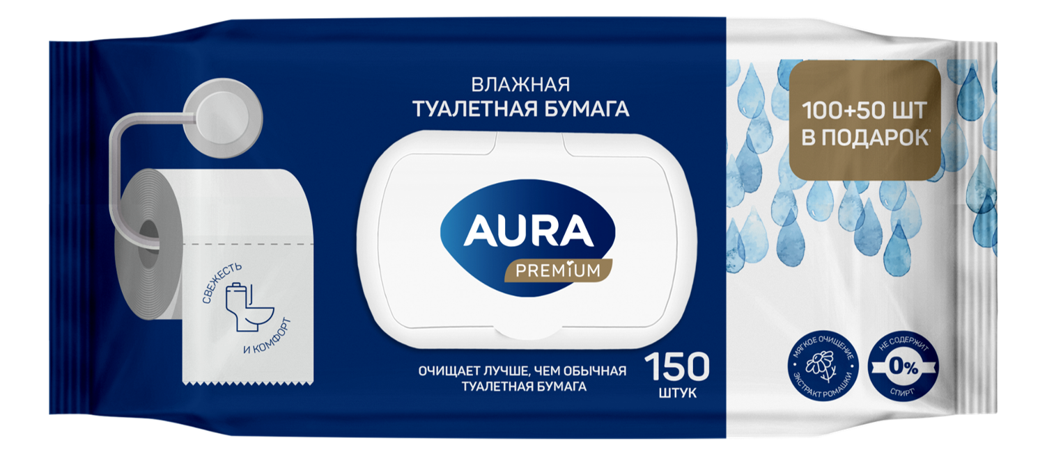 Aura premium влажная туалетная бумага big pack с крышкой 150 шт