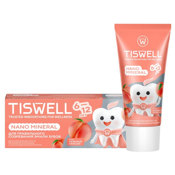 Tiswell зубная паста детская реминерализующая от кариеса с наногидроксиапатитом и фтором нежный персик от 6 12 лет 60 гр