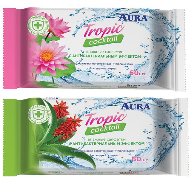 AURA Tropic Cocktail Освежающие влажные салфетки 60 шт, в ассортименте (24шт в кор)