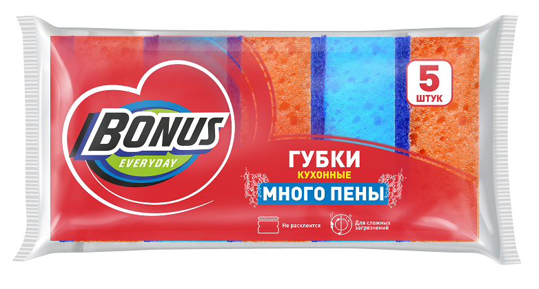 BONUS крупнопористые губки для мытья посуды много пены  5 шт