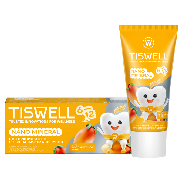 Tiswell зубная паста детская реминерализующая от кариеса с наногидроксиапатитом и фтором манго 6–12 лет 60 гр