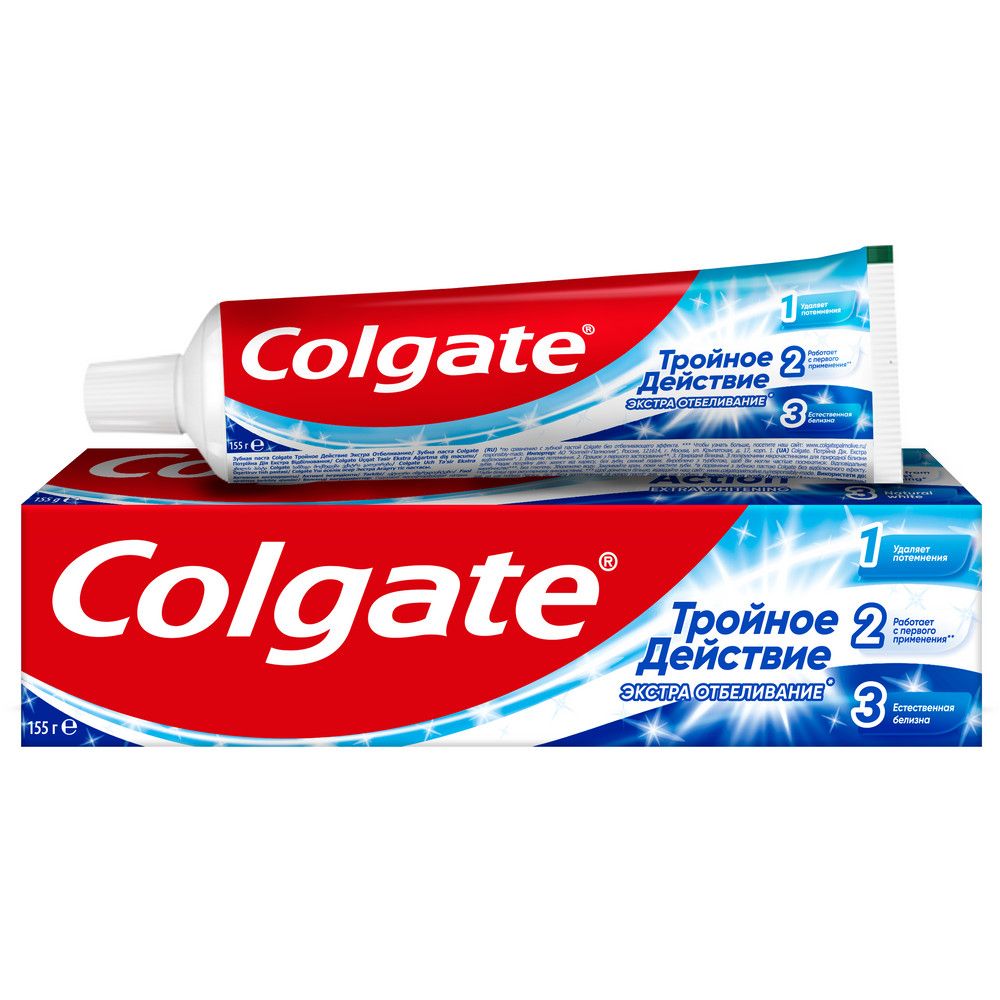 Colgate зубная паста тройное действие экстра отбеливание для восстановления естественной белизны зубов с первого применения 100 мл