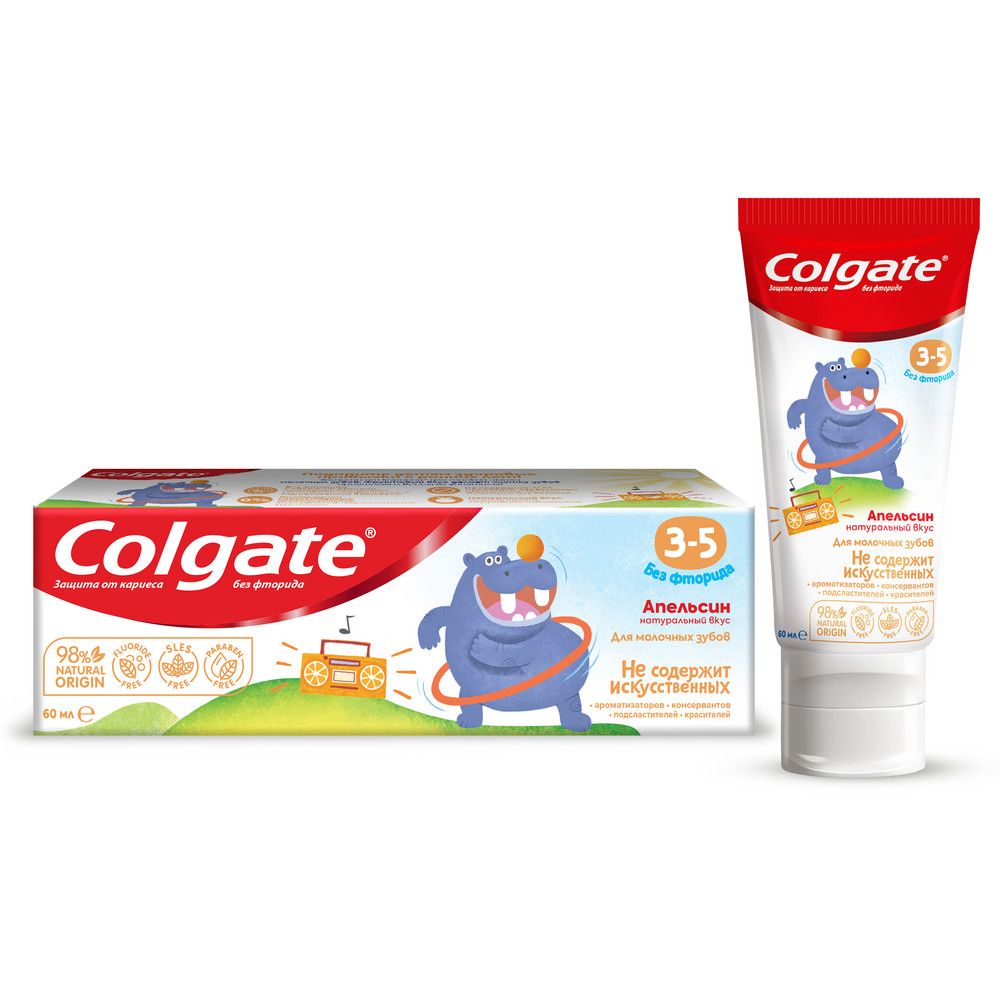 Colgate зубная паста детская 3-5 защита от кариеса без фторида для детей от 3 до 5 лет со вкусом апельсина 60 мл