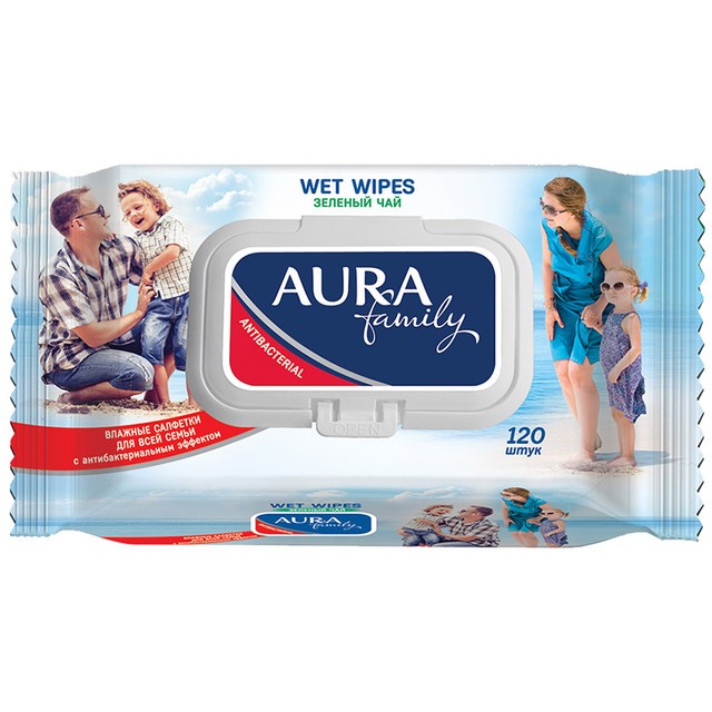 AURA Влажные салфетки д/всей семьи с антибактер эффектом в ассорт Family 120 шт. с крышкой