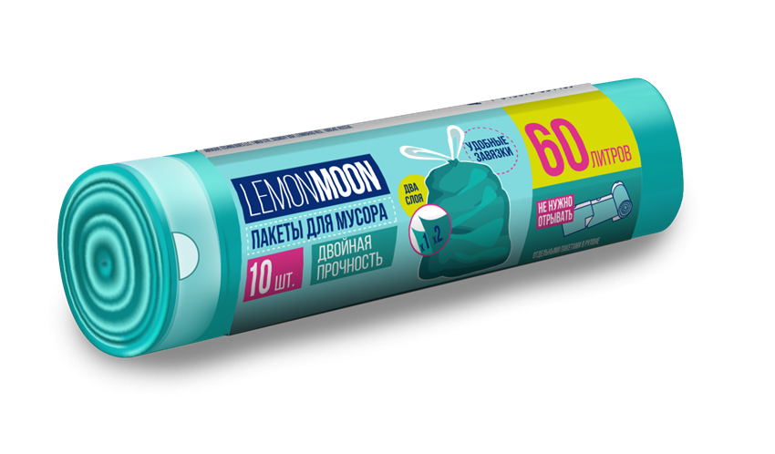 Lemon Moon пакеты для мусора двойная прочность с завязками раздельные 60 л 10 шт