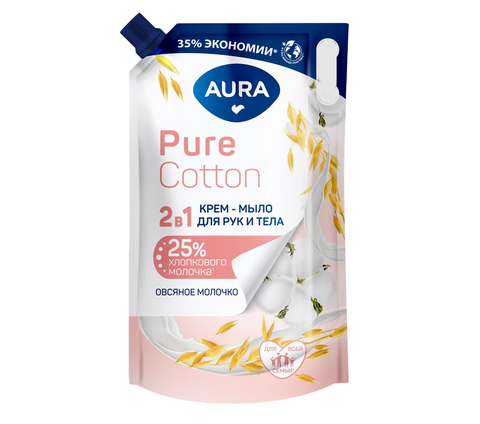 Aura Pure cotton крем мыло 2 в1 для рук и тела хлопок и овсяное молочко дой пак 850 мл
