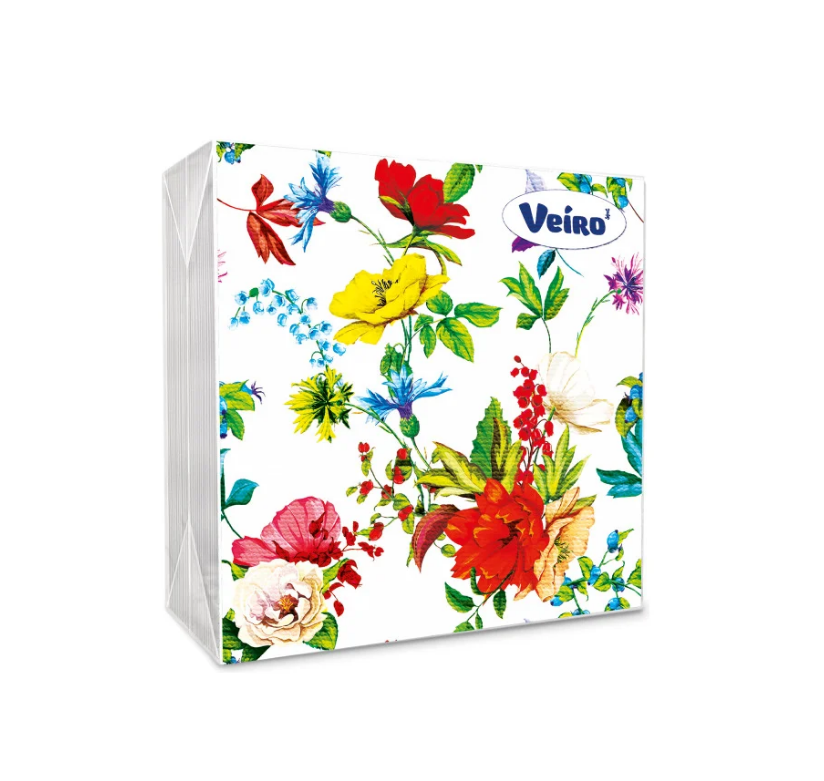 Veiro салфетки  3 слойные с рисунком цветочная поляна 33*33 20 листов