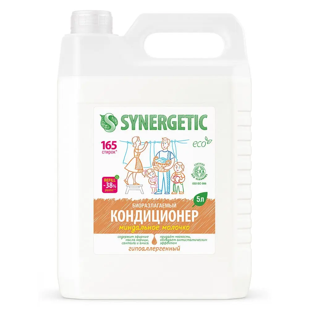 Synergetic кондиционер ополаскиватель для белья миндальное молочко 5 л 165 стирок