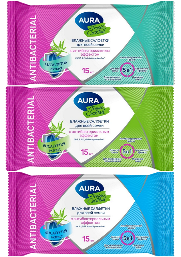 Aura tropic cocktail антибактериальные влажные салфетки 15 шт в ассортименте